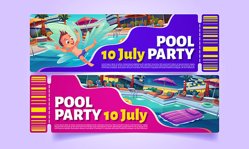 Tickets or coupons to pool party in luxury hotel. Invitation flyers design with happy boy jump in water and swimming pool with lounge chairs and umbrellas at night, vector cartoon illustration