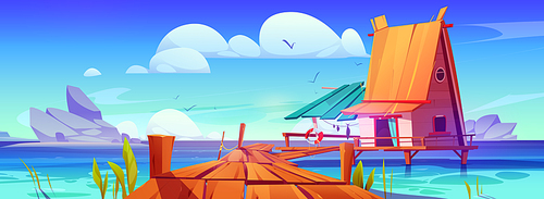 Cartoon seascape with wooden bridge, beach house on water. Vector illustration of old footbridge leading to cozy bungalow. Beautiful tropical landscape with ocean and birds flying in cloudy blue sky