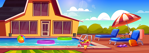 Swimming pool on house summer backyard cartoon illustration. Poolside vacation on back yard lounge place. Parasol, fruits and lifebuoy in water scene. Luxury outdoor villa design on sunny day.