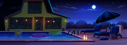 Cartoon beach house with swimming pool in backyard at night. Vector illustration of poolside area with chaise lounges, umbrella, candles, rubber ball and ring on water, dark sky with moon and stars