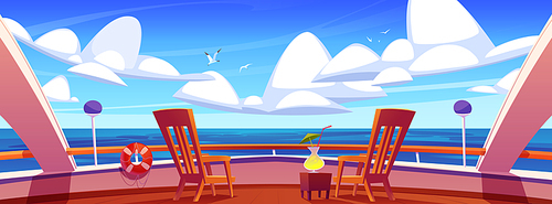 Cartoon yacht deck with beautiful sea view. Vector illustration of luxury cruise ship with wooden chairs for relax, cocktail glass on table, lifebuoy on railing, birds flying in sky. Summer voyage