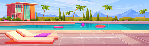 Swimming pool near house hotel vector illustration. Villa resort building exterior with poolside area on backyard. Tropical lounge cottage on sunny day with mountains landscape to rest outside