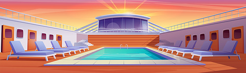 Sunrise on pool cruise ship deck with swimming pool interior cartoon illustration. Luxury summer yacht with lounge relax poolside and door. Orange sky in morning ocean vacation on marine transport