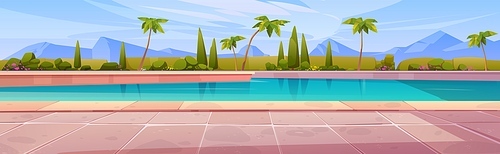 Cartoon swimming pool with mountains on horizon. Vector illustration of hotel backyard area with recreation poolside lounge zone surrounded by green bushes, palm trees and flowers. Summer vacation