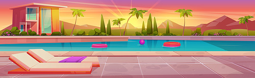 Cartoon swimming pool near villa with mountain sunset on horizon. Vector illustration of house backyard area with poolside relax zone, loungers and toys in water, palm trees and flowers. Summer rest