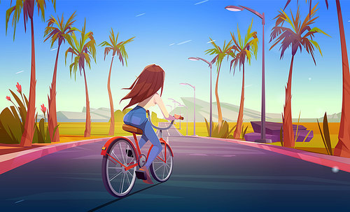 Cartoon young woman riding bicycle on highway with street lamps and palm trees on sides. Vector illustration of active person enjoying summer day travel, heading for rocky hills. Healthy lifestyle