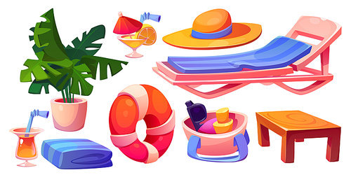 Summer pool beach cartoon lounger png object set. Hat, towel, plant and sunbed collection for sea vacation icon. Patio furniture with inflatable swimming circle for relax and rest in water on poolside