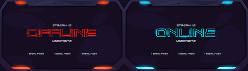 Live and offline banner set stream template design. Game broadcast media overlay with neon light frame. Abstract online cover layout element for streamer. Social media button on channel interface.