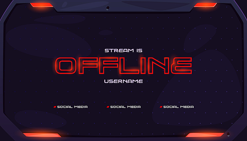 Offline banner red stream template design. Game broadcast media overlay with neon light frame. Abstract cover layout element for streamer. Social media button on channel interface.