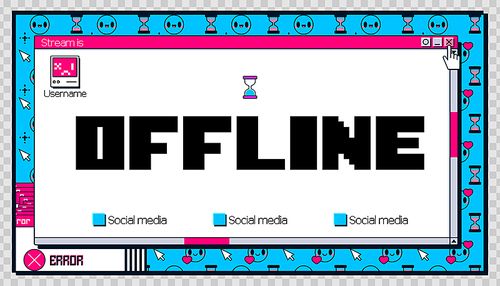 Y2k offline game stream banner background with error. Twitch creative layout in blue and pink. Streamer broadcast interface template with folder and loading icon for social media button.