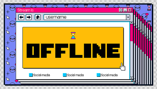 Stream is offline twitch background banner layout. Y2k creative retro design with window bug and social media button. Streamer broadcast video overlay template. Gamer screen cover for website