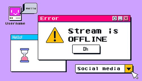 Offline stream y2k banner design. 90s software windows and error message on old computer desktop background with text and retro icons. Esport or online gaming wallpaper layout. Screensaver template