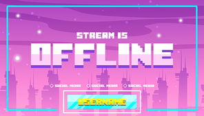 Game stream background with abstract futuristic city at night. Banner of offline stream with purple wallpaper with future cityscape, vector cartoon illustration