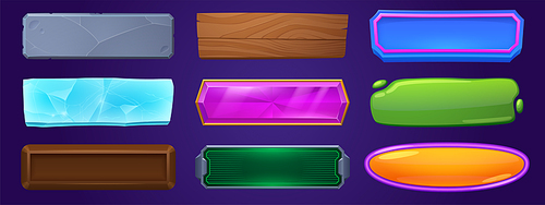 Set of web buttons isolated on background. Cartoon vector illustration of rectangular and oval ui empty bars with colorful ice, stone, wood, germ, glossy, chocolate texture. Game interface elements