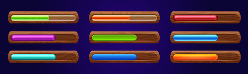 Set of wooden progress bars with different color scales isolated on background. Vector cartoon illustration of game ui design elements indicating loading process, time, power, life, assets status