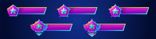 Game banners with star badges. Ranking icons of level achievement and empty title bar. Game interface elements isolated on background, vector cartoon illustration