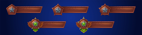 Wooden game banners with iron star badges. Ranking icons of level achievement and empty title brown bar, green gemstones. Game interface elements isolated on background, vector cartoon illustration