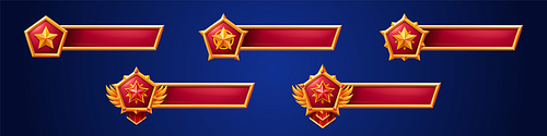 Game banners with golden star badges. Ranking icons of level achievement and empty title red bar. Game interface elements isolated on background, vector cartoon illustration