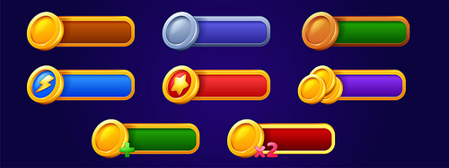 Game bars with gold coins, star, power symbol, plus and x2. Game UI interface elements with panels with badges with golden, silver and bronze coins, lightning sign, vector cartoon set