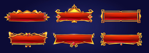 Medieval buttons, ui game menu elements, red oblong banners and gold ornate rims. Empty royal gui bars for rpg or arcade, golden borders, web design interface Cartoon 3d vector illustration, set