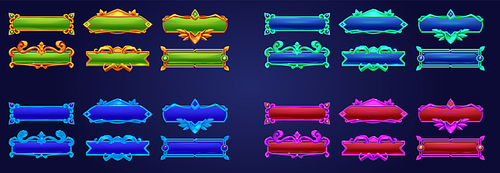 Game button gold frame ui cartoon fantasy design. Fantasy banner element for rpg menu interface in pink, red and blue color texture. Title bar panel icon with ancient ornate border shape collection