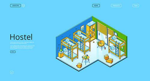Hostel banner with isometric interior of bedroom in guesthouse. Vector landing page of guest accommodation with illustration of room with bunks for sleep and rest in travel