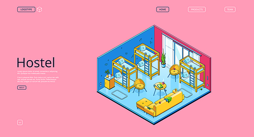 Hostel banner with isometric interior of bedroom in guesthouse. Vector landing page of guest accommodation with illustration of room with bunks for sleep and rest in travel