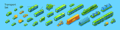 Set of transport, isometric cars, freight truck, refrigerator van and tractor, harvester, trolleybus and tram. Tank, street cleaner and train. 3d vector line art transportation modes, machinery