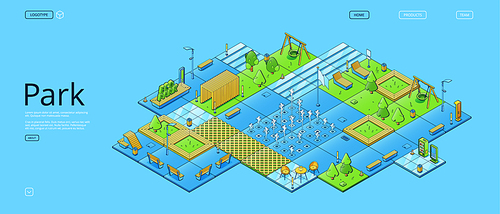 City park, recreational eco area isometric landing page. Urban garden with benches, trees, kids zone with swings, fountains,lanterns, outdoor cafe and vending machines, 3d vector line art web banner