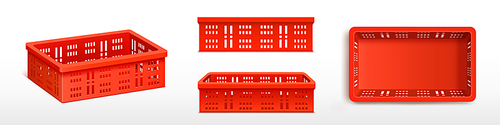 Vector set with red empty plastic crate front and side view. 3d vegetable box for grocery delivery. Reusable fruit storage in supermarket. Clean food container mockup for organizing warehouse.