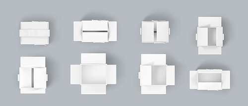 Realistic set of white cardboard boxes isolated on background. Vector 3D illustration of blank packages open and closed, empty inside. Top view collection of rectangle parcels for delivery or moving