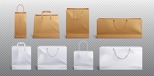 White and craft paper bag and handle vector mockup. Shopping package mock up to carry food front view icon merchandising design collection. 3d retail reusable branding merchandise illustration
