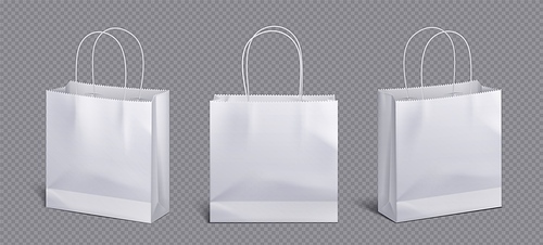 White paper bag and cord handle vector mockup. Shopping package mock up to carry purchase front angle view icon merchandising design collection. 3d retail reusable branding merchandise illustration
