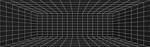 3D perspective of black wireframe room background. Vector realistic illustration of rectangle line grid box interior with walls, ceiling, floor, corners. Abstract virtual space. Cyber dimension