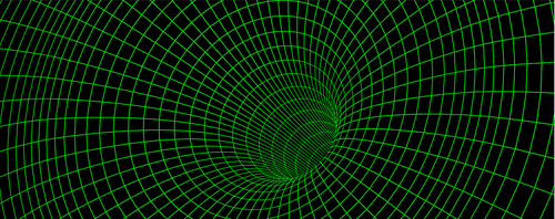 Green wireframe wormhole on black, 3d funnel or portal. Graphic illusion of grid hole, line warp, abstract geometric mesh vector illustration on dark background
