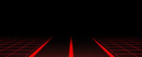 Red laser grid cyber newretrowave game background. Retrowave neon landscape with road line and synthwave. Transparent geometric speed straight path illustration perspective panoramic border design