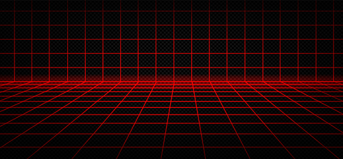 Red laser grid cyber newretrowave 3d background. Neon digital room with vaporwave and square cell wireframe. Futuristic retro mesh dimension pattern with floor. Geek outline aesthetic texture design