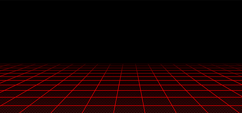 Retro futuristic red laser grid perspective on black background. Vector illustration of abstract mesh pattern. 80s sci fi matrix landscape with light beam network. Vaporwave cyberspace. Security system