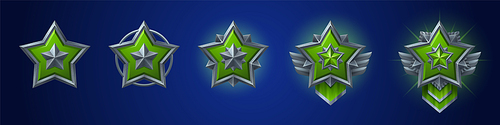 Cartoon set of game badges of different rank isolated on dark blue background. Vector illustration of silver medals with green gem star, gray metal textures. Collection of glowing level awards