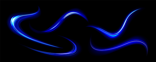 Blue light lines, effect of speed motion trails. Abstract streaks of fast flash movement, blurred neon glow at night, vector realistic set isolated on transparent background