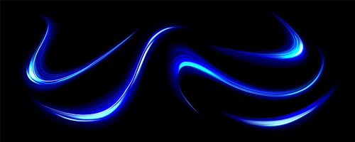 Blue light lines, effect of speed motion trails. Abstract streaks of fast flash movement, blurred neon glow at night, vector realistic set isolated on transparent background