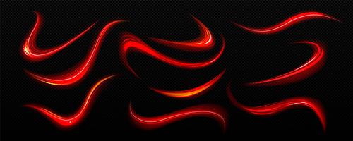 Red light lines, effect of speed motion trails. Abstract streaks of fast flash movement, blurred glow at night, vector realistic set isolated on transparent background