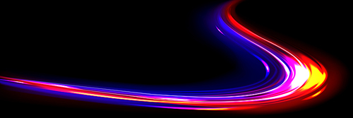 Car light speed motion effect. Blurred streaks of fast movement, road traffic with long exposure at night. Abstract blue and red neon lines isolated on black background, vector realistic illustration