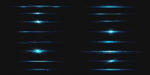 Blue line light glow with sparkle and flare shine. Horizontal turquoise neon streak effect isolated on transparent background. Magic flash laser strip divider with glitter shimmer design illustration