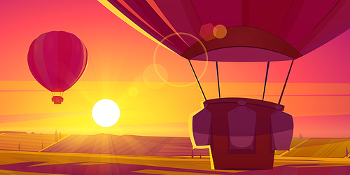 Hot air balloons flying in sky above field landscape. Vector cartoon illustration of beautiful sunrise on horizon, colorful pink and yellow morning sky penetrated by sun rays. Dream travel, adventure