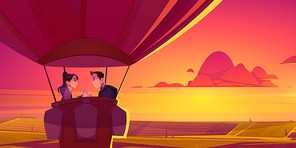 Romantic couple enjoying hot air balloon flight above field landscape. Vector cartoon illustration of happy man and woman in love holding hands and smiling in flying basket, beautiful sunrise in sky
