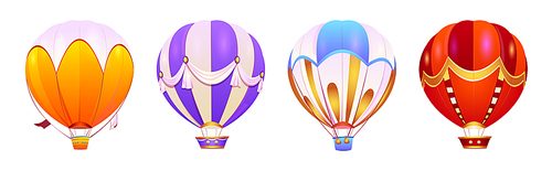 Cartoon set of hot air balloons isolated on white background. Vector illustration of colorful fantasy aerostats with baskets flying high in sky. Magic fairy tale transport. Adventure design element
