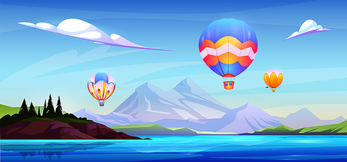Hot air balloon in sky above the sea water cartoon scene background. Aircraft adventure with lake and mountain view landscape. Flying festive journey near ocean shore horizontal game illustration