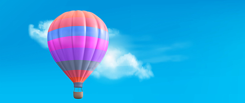 3d hot air balloon realistic travel basket fly in sky with cloud vintage vector illustration. Creative banner for journey adventure activity on festive ride. Baloon in clouds background with space