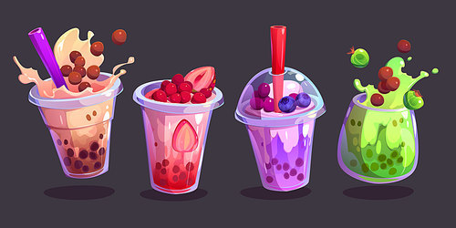 Tea bubble beverage with milk and tapioca vector. Summer boba coffee ice drink in cup with fruit and splash illustration. Isolated delicious milkshake and smoothie dessert clipart for cafe menu.